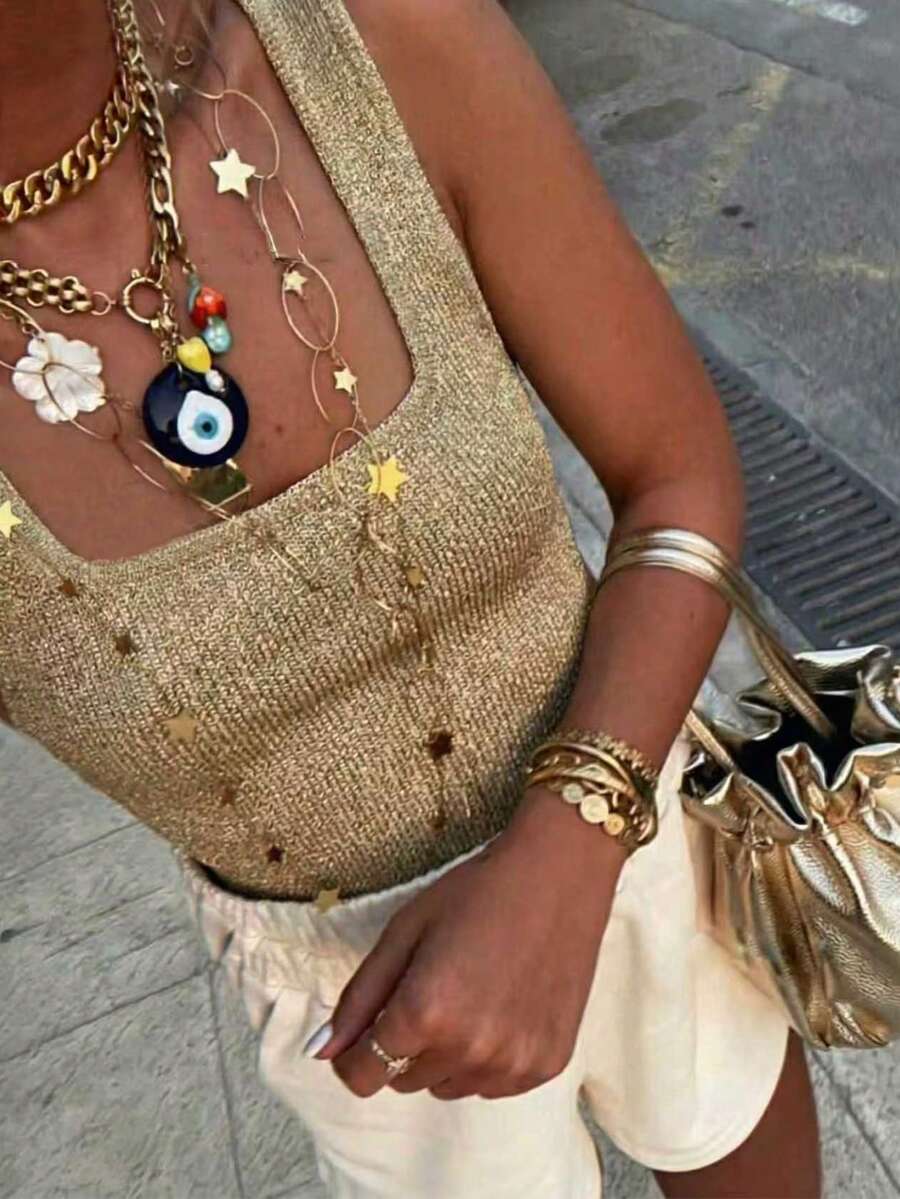 Women's Sexy Cute Shiny Square Neck Knit Camisole Sleeveless Gold Summer Set, Suitable For Holiday, Club, Street, Party - Gold - View 1