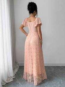 Women's Square Neck Raglan Sleeve Elegant Arabic Style Dress - Pink - View 3