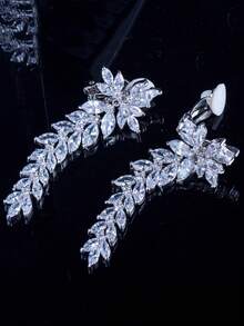1 Pair Long Leaf Dangle Drop Clip On Earrings, Bridal Wedding Zirconia Crystal Silver Plated Cubic Zirconia Jewelry Accessories For Brides, Banquet, Party, Pageant, Prom, Women, Ladies, Bridesmaids Gifts - 1 Pair Clip On Earrings - View 10