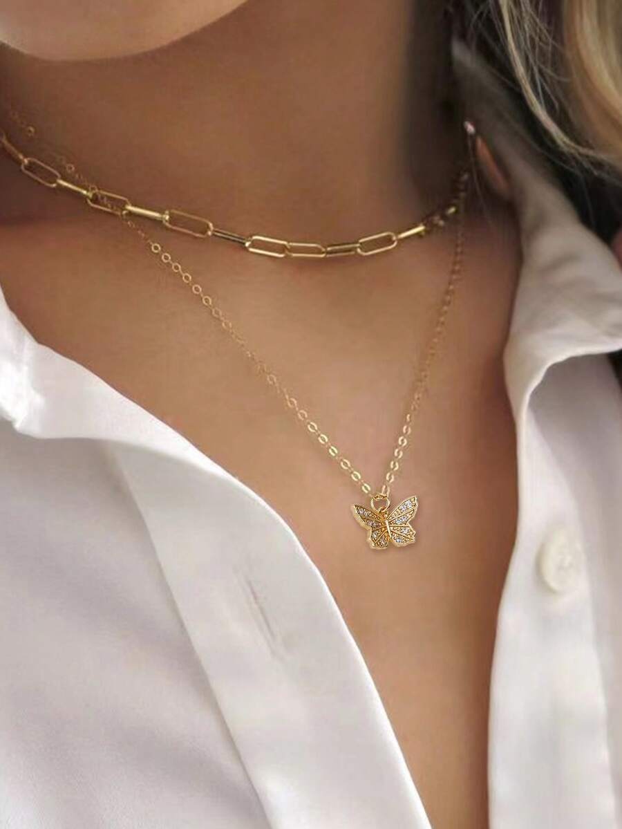 Nooxian 2pcs Fashionable Minimalist Multi-Layer Clavicle Necklace, Butterfly Copper Micro-Inlaid Zirconia Necklace For Women (Random Chain Clasp & Bead Count) - Yellow Gold - View 1