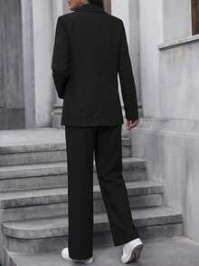 女士纯色长袖西装套装（外套和裤子两件套），适合办公室工作和通勤，黑色 - 黑色 - 查看 2