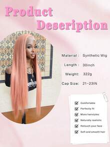 30 Inch Pink Long Straight Synthetic 13x4 Lace Front Wig, Heat Resistant Fiber Hair, Natural Hairline, Natural Density Long Straight Pre-Trimmed Synthetic Lace Wig, Suitable For Fashion Women, Cosplay, Party, Daily Use - Pink - View 9