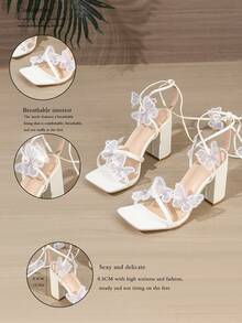 女士方头粗跟凉鞋，时尚性感白色系带优雅舒适高跟鞋，蝴蝶装饰环绕式高跟鞋，适合夏季派对和晚宴 - 白色 - 查看 7