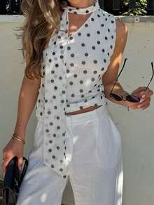 2026 Spring/Summer New Women's Knitted Mesh Polka Dot Asymmetric Shoulder Scarf Elegant Blouse - White - View 3