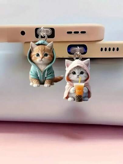 1pc/2pcs Cute Milk Tea Cat Type-C/Apple Interface Phone Dust Plug - With Cat Pendant, 2D Cat, Dedicated For Charging Port And Earphone Jack, Great Gift For Friends Gifts For Mother, Family, Friends, Kids, Birthday, Holiday Phone Accessories Phone Charm
