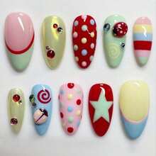 Dopamine Girl Heart Ladybug French Polka Dot Cute Sweet Sparkling Diamond Detachable Wearable Nail 24 Pieces - 1 - 查看 1