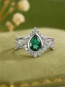 1 pieza Anillo de corona con gota de agua verde geométrica de lujo para mujer, accesorio de joyería ideal para bodas y fiestas (sin caja) - Plateado - Ver 1