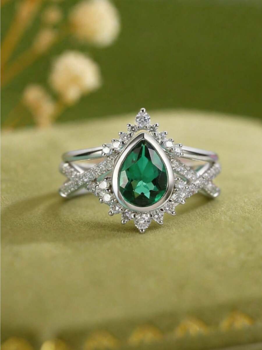 1 pieza Anillo de corona con gota de agua verde geométrica de lujo para mujer, accesorio de joyería ideal para bodas y fiestas (sin caja) - Plateado - Ver 1