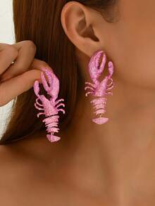 1 Pair Summer Beach Style Exaggerated Ocean Lobster Metal Enamel Earrings, Bohemian Resort Personalized Design Dangle Lobster Earrings Suitable For Women Everyday & Holiday Wear - Pink - View 1