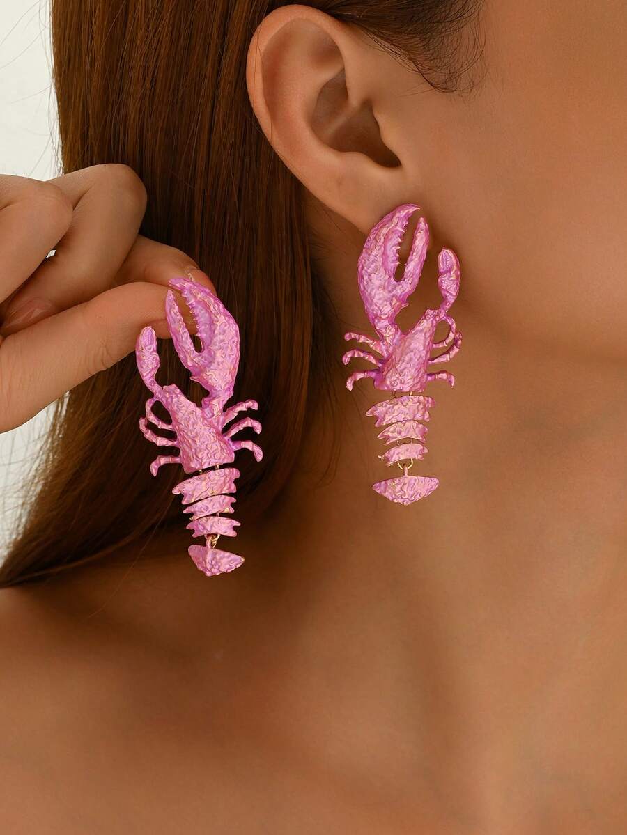1 Pair Summer Beach Style Exaggerated Ocean Lobster Metal Enamel Earrings, Bohemian Resort Personalized Design Dangle Lobster Earrings Suitable For Women Everyday & Holiday Wear - Pink - View 1