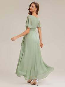 EVERPRETTY Elegant Chiffon Sage Green Bridesmaid Dress, Lantern Sleeve Asymmetric Hem Women's Wedding Guest Long Dress, Wedding Party Banquet Gown - Mint Green - View 6