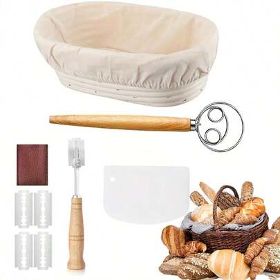 11 pezzi Set di cestini per la lievitazione del pane in stile bohémien - Kit di fermentazione per pasta acida in rattan ovale con accessori, per cucina e sala da pranzo