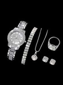 Bộ 6 món đồng hồ nữ cao cấp, dây đeo số đính đá lấp lánh (1 đồng hồ + 5 phụ kiện) - Bạc - Xem 4
