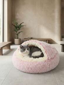 PETSIN 1 件毛绒圆形宠物床，蓬松柔软猫床，甜甜圈宠物垫，冬季二合一猫床，温暖睡袋沙发垫 - 粉色 - 查看 3