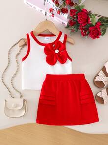 2件套女婴可爱白色背心+红色裙子套装，夏季 - 紅色 - 查看 3
