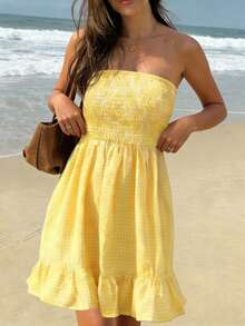 女士春夏新款时尚优雅休闲简约通勤度假街头风黄白格纹荷叶边露肩修身A字迷你连衣裙，开领设计。适合夏季度假装扮、休闲连衣裙、节日穿着及女士休闲服饰。 - 黃色 - 查看 6