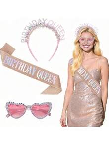 3PCS/SET - Birthday Party Costume Set - BRITHDAY QUEEN Kit With Tiara, Sash & Glasses For The Ultimate Star - Multicolor - View 1