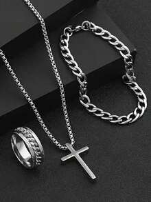 Set Jam Tangan Pria Fashion Bisnis Kasual 4 Buah, Jam Tangan Quartz dengan Dial Besar dan Tali Baja Bulat, Termasuk Gelang Rantai yang Dapat Dipersonalisasi, Kalung Liontin Salib, dan Set Aksesori Cincin, Cocok Sebagai Hadiah untuk Pria, Cocok untuk Liburan, Bisnis, Pesta, dan Pemakaian Sehari-hari - Perak - View 5