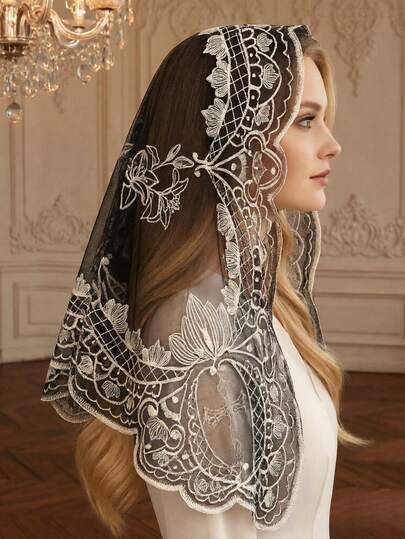 French Retro Black Lace Headscarf, Floral Embroidered Veil, Bridal/Casual Atmosphere Headpiece, Versatile Hair Accessory