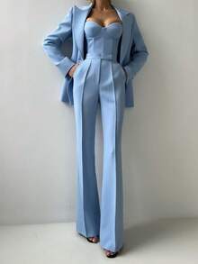 Women's Suit Suit Simple Solid Color Elegant Temperament Fashion Casual Urban Commuter Suit Set Sexy Suspender Bra Loose Drape Pants Long Sleeve Lapel Button Coat Business Etiquette Clothing Three-Piece Set - 藍色 - 查看 1