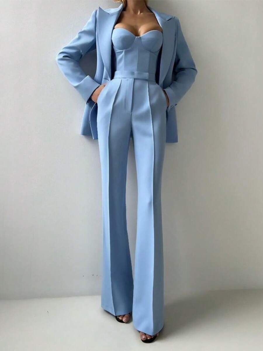 Women's Suit Suit Simple Solid Color Elegant Temperament Fashion Casual Urban Commuter Suit Set Sexy Suspender Bra Loose Drape Pants Long Sleeve Lapel Button Coat Business Etiquette Clothing Three-Piece Set - 藍色 - 查看 1