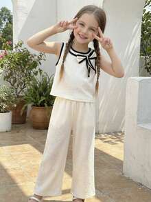 2pcs/Set Young Girls Casual Minimalist Black & White Patchwork Bow Decor Sleeveless Top And Pants Set, Spring/Summer/Autumn - Apricot - View 3