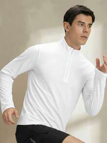 Men's Stand Collar Half Zip Long Sleeve T-Shirt, Sports Casual Undershirt - White - View 1