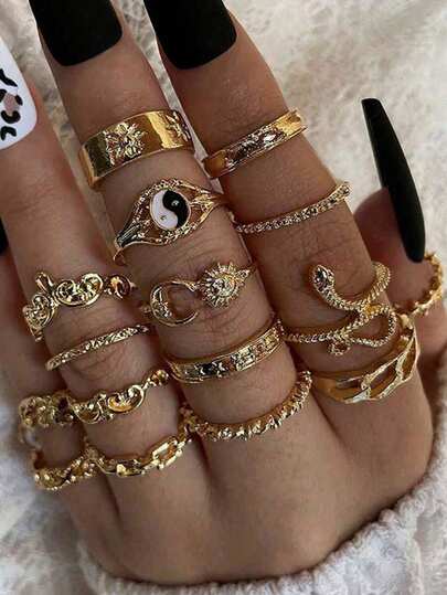 16pcs Vintage Geometric Hollow Hinge Rings Set For Women, Featuring Yin Yang, Sun, Moon, Snake, Leaf And Flower Patterns, Suitable For Daily And Holiday Wear, Gift (Ring Sizes Marked, Non-Adjustable, Do Not Forcibly Bend)