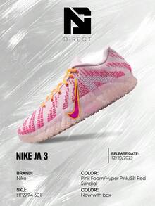 Nike Ja 3 Pink Foam– Men's Lifestyle Sneakers – Shoes For Man -Vintage-Autumn & Winter & Spring & Summer-Inspired Running Shoes, Shock-Absorbing Comfort, Gym To Streetwear Casual Wear-Back To School- Valentine's Day Gift –HF2794 601 - Pink Foam/Hyper Pink/Silt Red/Sundial - 查看 6