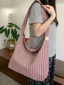 Lightweight Large Capacity Canvas Tote Bag, Fashionable Plaid Fabric, Casual College Style, Suitable For Middle/High School/University Students, Foldable Bucket Bag, Cute & Sweet Crossbody Bag - Multicolor - View 4