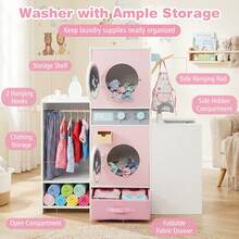 Wooden Kids Laundry Playset Pretend Toy Washing Machine W/ Clothes Hangers - Pink - View 5