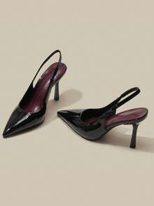 Giày cao gót mũi nhọn size nhỏ dành cho nữ, cao 9.5cm, kiểu dáng thanh lịch, chất liệu PU bóng, màu đen, phù hợp cho đi làm, dự tiệc, đi làm, văn phòng. - màu đen - Xem 5