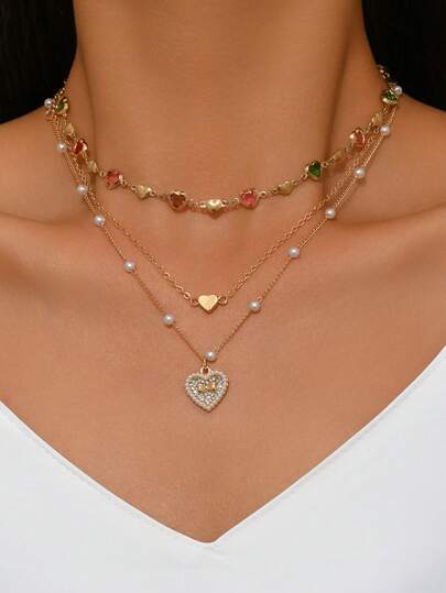 一件式多层项链，女士彩色心形项链，心形吊坠项链，情人节派对配饰礼物。