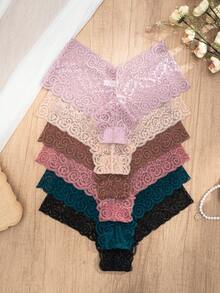 6条/包 女士性感镂空蕾丝透气舒适比基尼内裤 - 彩色 - 查看 3