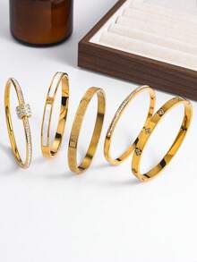 5pcs Titanium Steel Waterproof & Fade-Resistant Women's Fashion Bracelet, 18K Stainless Steel Ladies Jewelry, Gift For Girlfriend/Valentine's Day - Gold - View 6