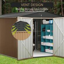 Cobertizo de almacenamiento metálico para exteriores, gran cobertizo de jardín de 2,4 x 2,4 m con puertas con cerradura, impermeable y resistente al óxido, con estructura robusta para patio, jardín y organización de herramientas de jardín. - Marrón - Ver 5