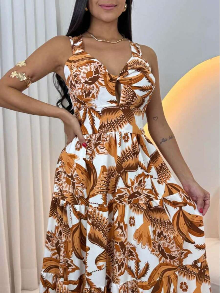 Women's Long Dress With Butterfly Knot - 棕色印刷 - 查看 1