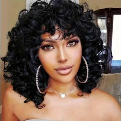 MECRY 14-Inch Chic Short Curly Synthetic Wig For Women, Heat-Resistant, Voluminous Afro Curls With Bangs, Natural Look, Ideal For Daily Wear