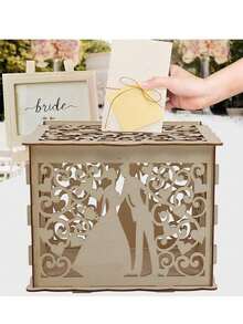 1pc Wedding Card Box With Unique Hollow-Out Design, Reception Envelope Box With Lock And Slot, DIY Hollow Wooden Box Suitable For Wedding Party, Anniversary, Birthday Party, Christmas - Wood Color - View 4