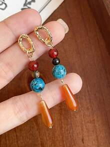 1对人造玛瑙串珠水滴流苏耳环 - 彩色 - 查看 1