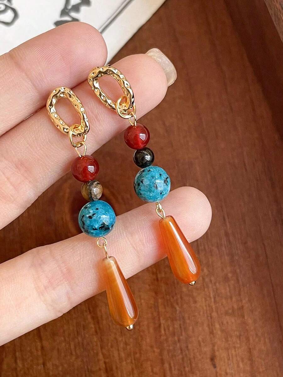 1对人造玛瑙串珠水滴流苏耳环 - 彩色 - 查看 1
