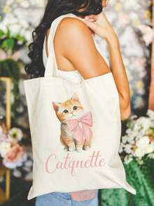 3pcs/6pcs/10pcs Customized Text Tote Bags, Pink Bow Tote Bag, Cat Tote Bag, Holiday Tote Bag, Birthday Gift, Anniversary Gift, Gift For Her - Multicolor - View 3