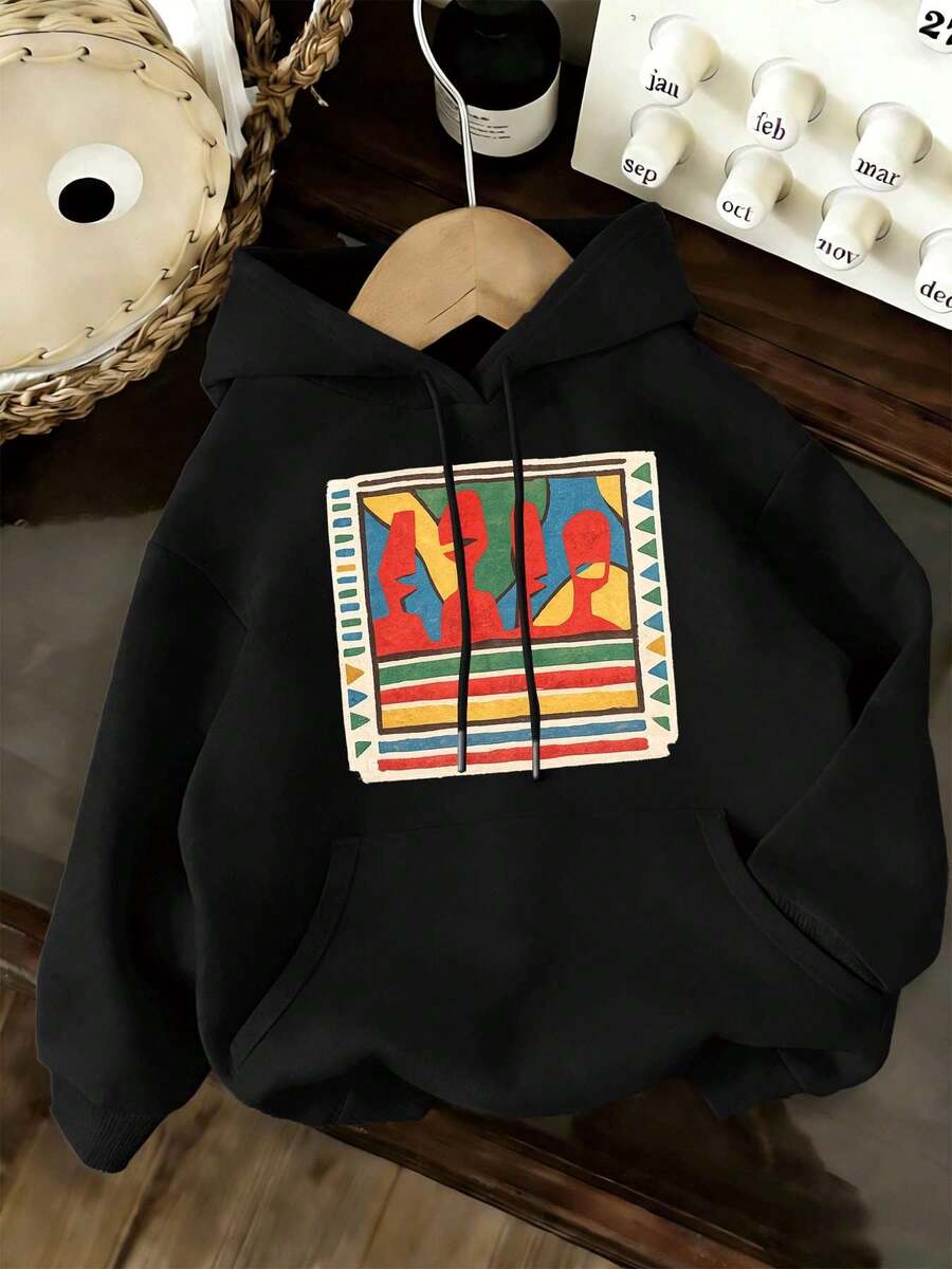 Summer Tops,Black Hoodie,Abstract Pattern Print,Autumn Collection,High Quality Fabric,Loose Design,Leisure,Breathable And Soft. - 黑色 - 查看 1