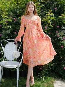 优雅印花喇叭袖腰部系带连衣裙，度假风 - 橘色 - 查看 2