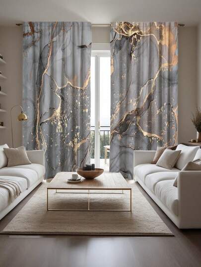 2pcs Decorative Art Fashion Marble Pattern Polyester Curtains - Semi-Blackout Polyester Fabric Bedroom Curtains, Machine Washable, No Lining, Suitable For All Seasons - Elegant Gray And Gold Design