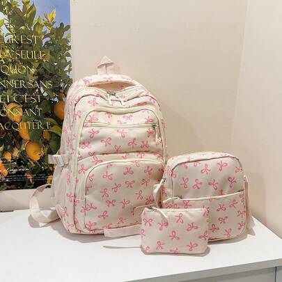 3pcs Nylon Bow Print Backpack Set, Foldable Multi-Pocket Large Capacity Waterproof Zipper Backpack, Suitable For Teenagers, High School/College Students, Girl For Daily Commute And Travel, Valentine's Day Gift