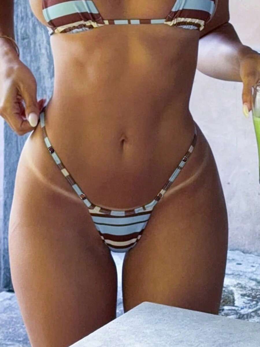 Quần bikini cạp cao phối màu kẻ sọc dành cho nữ mùa hè, kiểu dáng ôm sát, đồ bơi thời trang đi biển cho kỳ nghỉ, tiệc bể bơi và những buổi đi chơi hàng ngày. - Nhiều màu - Xem 1