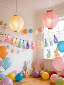 1 Peça Guirlanda de Borlas Macias - Flâmula de Borlas Multicoloridas (12 Borlas de Papel), Sem Necessidade de DIY, Adequada para Aniversário, Chá de Bebê, Cenário de Fotos e Decoração Suave de Festa, Suprimentos para Festa de Páscoa - Multicolorido - Visão 8