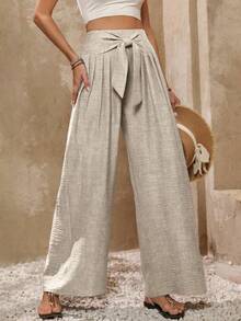 Women's Casual High-Waisted Wide-Leg Pants, Solid Color, Soft Fabric, Elastic Waistband. - Màu be - Xem 4