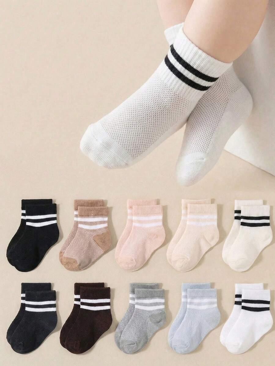 10 Pairs Baby Summer Mesh Double Bar Solid Color Daily Casual Short Socks - Multicolor - View 1